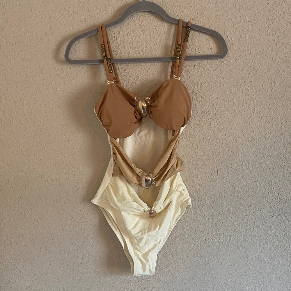 Chic Brown and Cream One-Piece Swimsuit